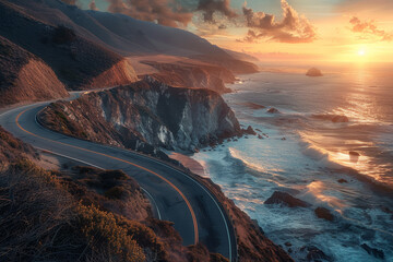 Canvas Print - A winding road with a beautiful ocean view in the background