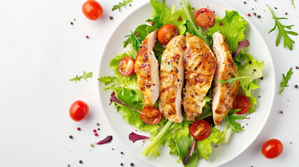 Wall Mural - Chicken fillet with salad. Healthy food, keto diet, diet lunch concept. Top view on white background.