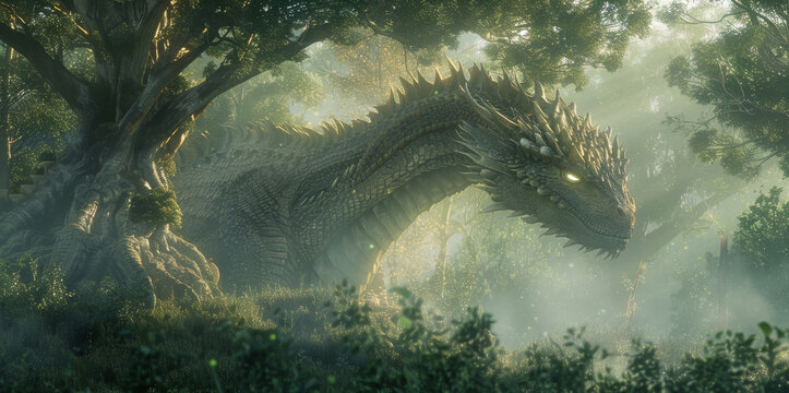 A large, green dragon is standing in a forest