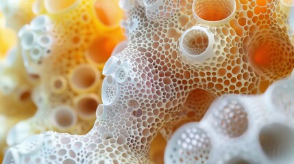 Wall Mural - A close up of a coral with many holes and a white and yellow color