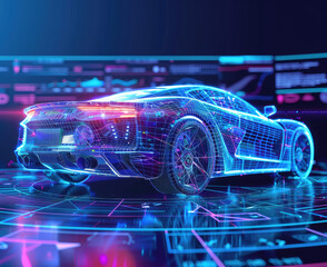 Wall Mural - Futuristic car with wireframe intersection with digital user interface environment.