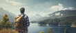 © StockKing - A man with a backpack admiring the scenic beauty of the lake in a copy space image