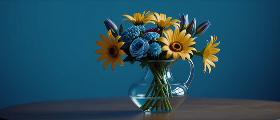 Wall Mural - Close-up of flowers in vase on table against blue background,United bouquet of flowers in vase HD 8K wallpaper