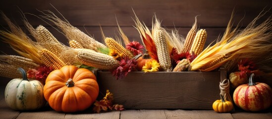 A creative composition showcasing a mix of pumpkins corn and wheat in a rustic wooden box and straw representing the colorful and organic bounty of the autumn season It serves as an ideal backdrop fo