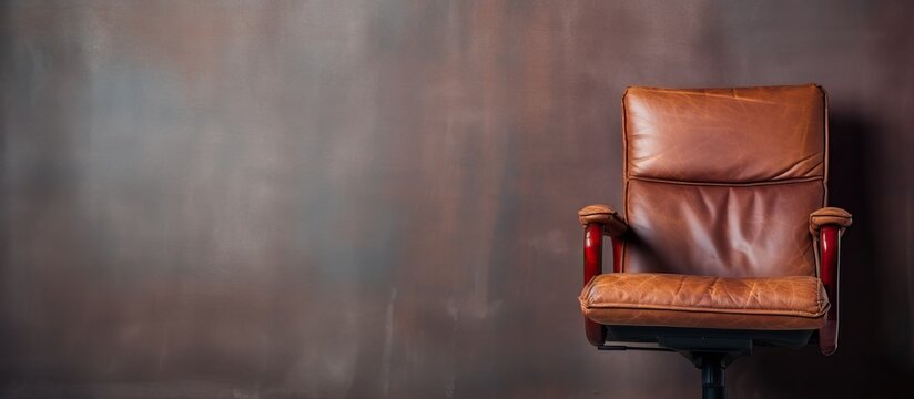 A brown leather and fabric office armchair sits alone creating a copy space image