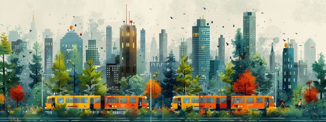 Wall Mural - A cityscape with a red train and a red bus