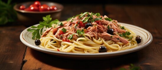 Wall Mural - A plate of Spaghetti al Tonno or Spaghetti with Tuna with a wooden table in the background The dish features spaghetti cooked with tuna olive oil tomatoes sauce onions olives capers parsley and peppe