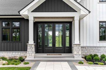 Wall Mural - A front door detail of a white and black modern farmhouse with a black front door and pillars, black light fixtures, and a covered porch.