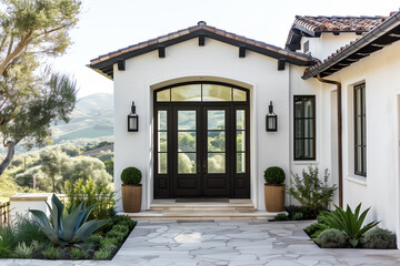 A front door detail of a spanish style home with a black front door surrounded by windows, black light fixtures, and a view of the valley behind it.