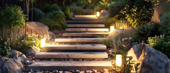 Garden landscape with modern LED light lamp on stone steps