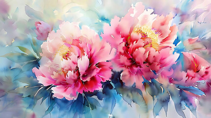 Canvas Print - watercolor painting of peony flowers in pink and blue hues