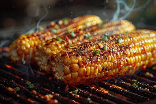 Grilled corn on the cob slathered in butter and sprinkled with chili powder .Sweet corn on the cob cooking on a grill for a delicious meal