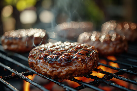 Juicy hamburgers and hot dogs cooking on the grill .Burgers sizzling on outdoor grill rack, cooking to perfection