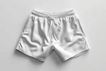 A white shorts with a drawstring on a grey surface.