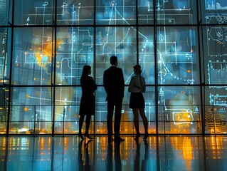 Three business people are standing in front of a large window looking at a futuristic city