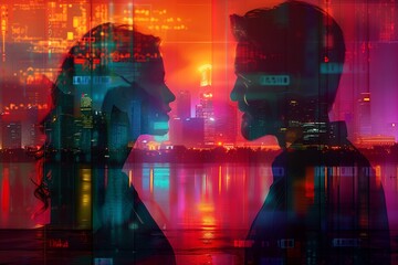 Wall Mural - Double exposure photo of one man and one woman facing and talking to each other, with beautiful mega cityscape in the night