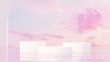 Premium 3D | Abstract minimalistic design featuring an empty podium in a serene pond, set against a backdrop of a blue-pink sky for product demonstration in landscape
