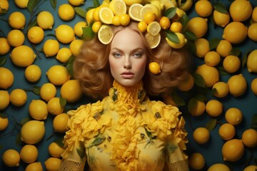 Artistic portrait of a woman adorned with lemons and dressed in yellow, evoking a whimsical citrus fantasy