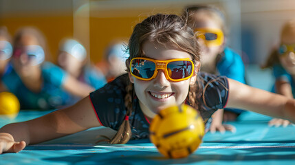 Wall Mural - Girl with Visual Impairment Excels in Goalball: Inclusive Team Sports Showcase of Skills and Joy