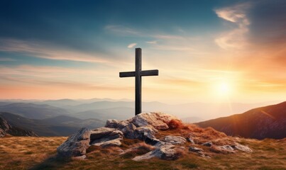 The cross on the top of mountain against beautiful sky at sunset with copy space area, Beautiful natural landscape background. redemption concept