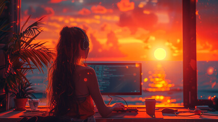 lofi scene with girl at her desk, wide view, window, ocean, city, sunset, anime, manga style. colorf