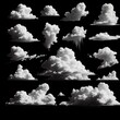 A Collection of Cloud Shapes and Sizes in Black and White.