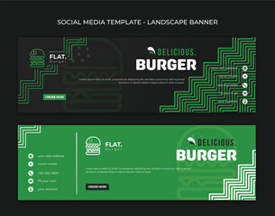 Canvas Print - Landscape banner template in black and green background design with simple pattern and flat burger