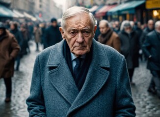 Elderly man standing in a busy street