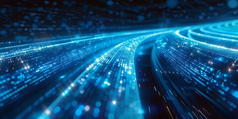 A digital background with blue and white lights moving fast, representing the speed of data transfer in technology. 