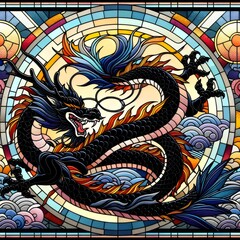 Wall Mural - shadowy majesty: black dragon in stained glass,  vibrant colors and intricate details, capturing the essence of this art form.