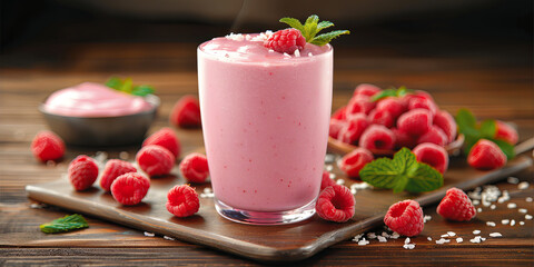 Wall Mural - A glass of pink raspberry smoothie sits on a wooden table with a bowl of raspber