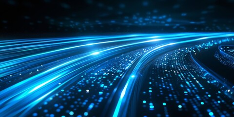 A digital background with blue and white lights moving fast, representing the speed of data transfer in technology. 