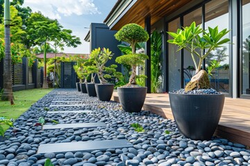 Modern garden with potted plants and trees