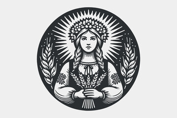 Beautiful Slavic Ukrainian young woman wearing a wreath with ears of wheat. Black on white. Engraving vector illustration, emblem, logo