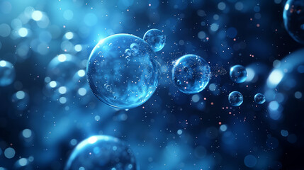 Wall Mural - A stunning abstract image of glowing blue spheres surrounded by floating particles, set against a transparent backdrop, enhancing the feeling of lightness, copy space