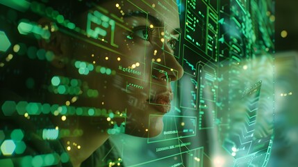 Futuristic female figure interfacing with digital data. Abstract concept of technology and AI. Modern digital art style. Reflects cyber security and innovation. AI