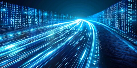 A digital background with blue and white lights moving fast, representing the speed of data transfer in technology. 