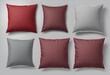 © Ahsan - Collection set of red, maroon, grey, and gray blank cushion pillow covers, featuring front and side lying views on transparent cutout