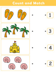 Wall Mural - Counting educational children game. Math kids activity sheet. How many counting game with cute beach illustration.	