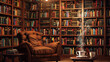 © thanakrit - Classic reading nook with leather armchair and steaming coffee amidst overflowing bookshelves, intellectual retreat