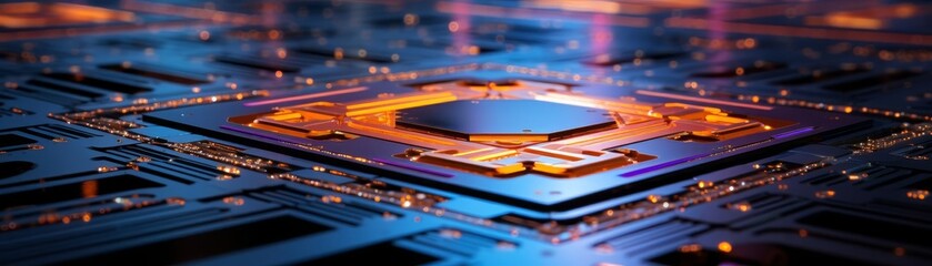 3D rendering of a computer chip with glowing transistors and pathways.