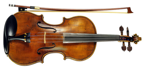 Detailed top view of a vintage violin isolated on transparent background png