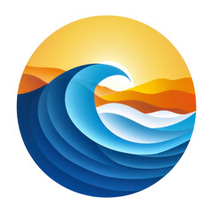 Sunset and waves circle art with vibrant orange and blue tones isolated on transparent background png