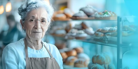 Wall Mural - Elderly woman running a small bakery coffee shop as a business owner. Concept Small Business Owner, Elderly Entrepreneur, Bakery Shop, Coffee Lover, Inspiring Success Story