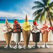 ice cream cones.a variety of irresistible frozen treats, including decadent ice cream sundaes, refreshing popsicles, and creamy gelato, offering a delightful escape from the summer heat. Envision colo