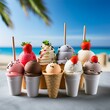 a variety of irresistible frozen treats, including decadent ice cream sundaes, refreshing popsicles, and creamy gelato, offering a delightful escape from the summer heat. Envision colorful scoops of i