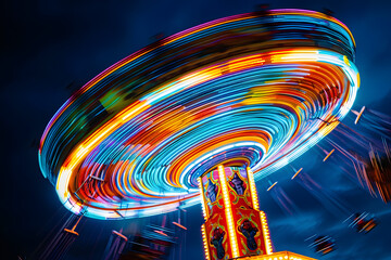 A vibrant photo of a carnival ride in motion at night, with colorful lights and a solid dark sky