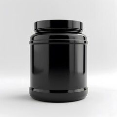 Black plastic jar with lid for protein and vitamin powder on white background