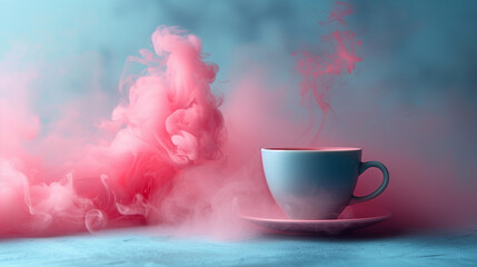 Wall Mural - Cup of coffee with pink smoke on blue background, pastel colors. 