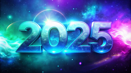 beautiful poster with 3D volumetric number 2025 on a background of space with a glow